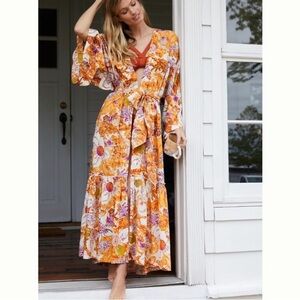 Anthropologie sleep kimono maxi  orange motif size M/L